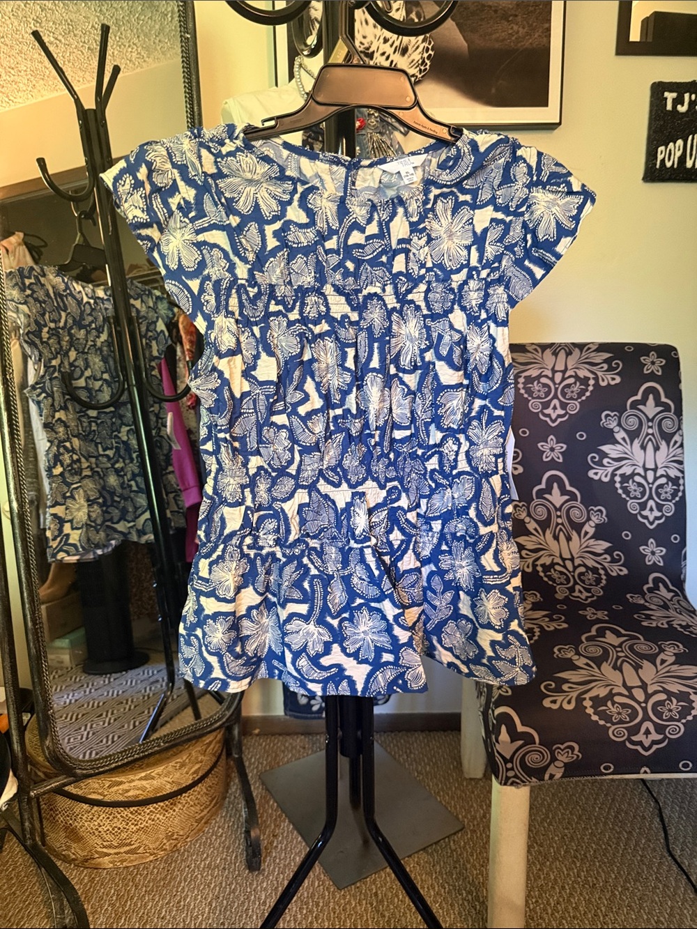Time and Tru Blue and White Floral Peplum Blouse